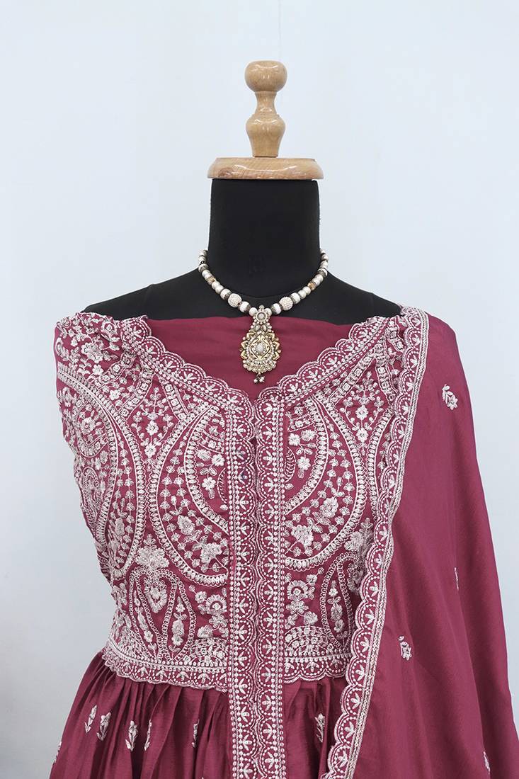 Mauve faux chinon embroidered readymade anarkali suit