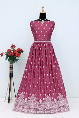 Mauve faux chinon embroidered readymade anarkali suit 3