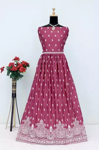 Mauve faux chinon embroidered readymade anarkali suit