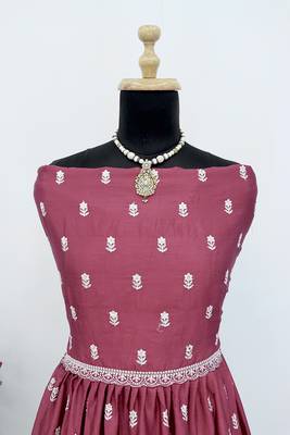 Mauve faux chinon embroidered readymade anarkali suit 4