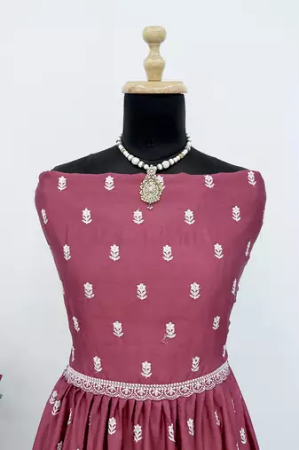 Mauve faux chinon embroidered readymade anarkali suit