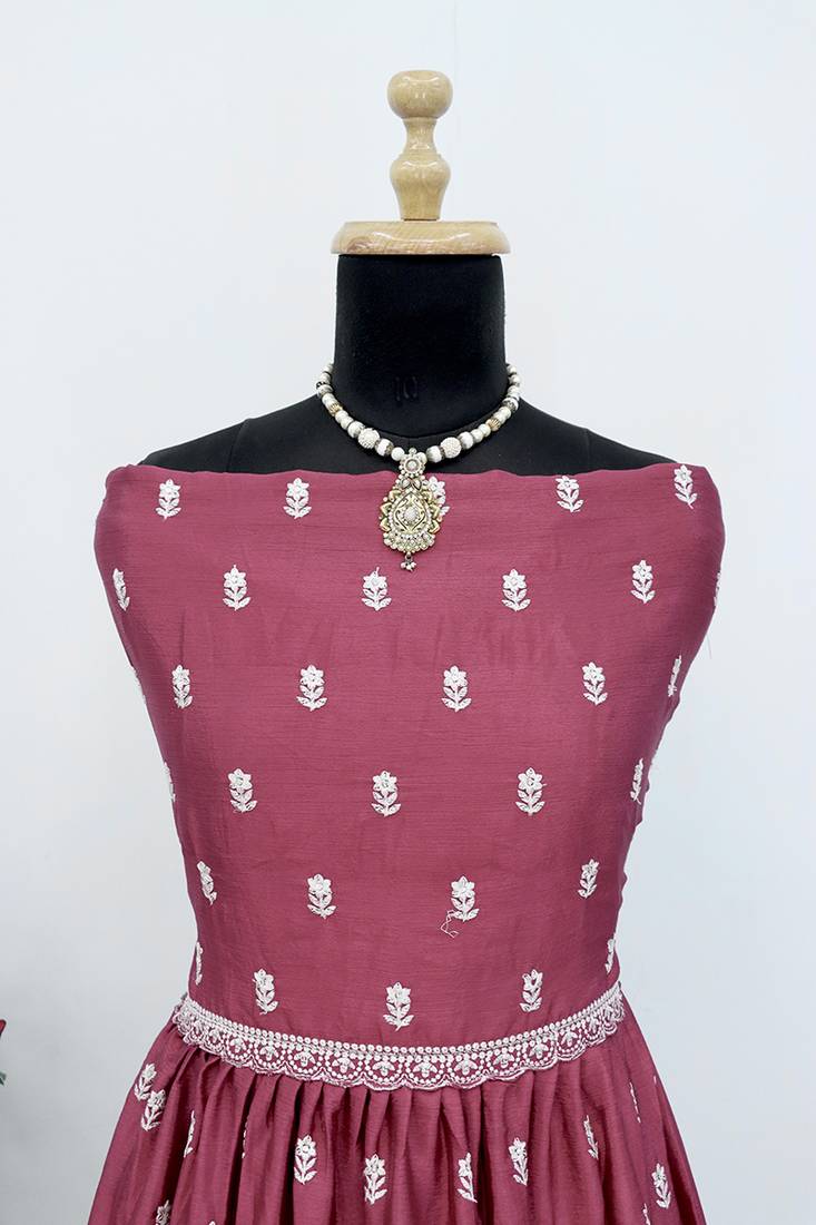 Mauve faux chinon embroidered readymade anarkali suit