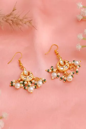 White stones green beaded pearl drop earrings