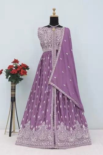 Lavender faux chinon embroidered readymade anarkali suit