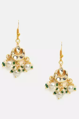 White stones green beaded pearl drop earrings