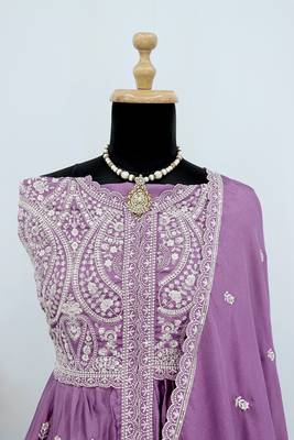 Lavender faux chinon embroidered readymade anarkali suit 2
