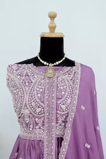 Lavender faux chinon embroidered readymade anarkali suit