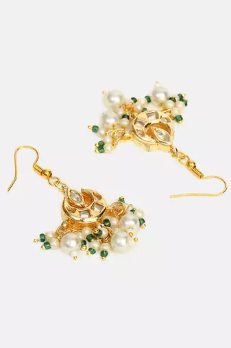 White stones green beaded pearl drop earrings