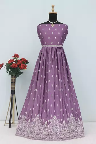 Lavender faux chinon embroidered readymade anarkali suit