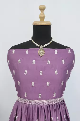 Lavender faux chinon embroidered readymade anarkali suit