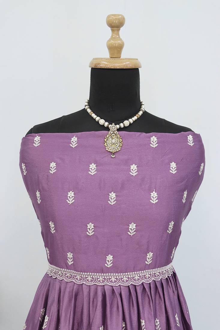 Lavender faux chinon embroidered readymade anarkali suit