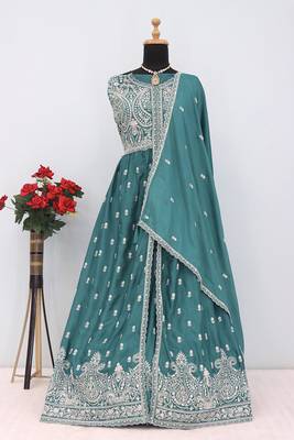 Sea green faux chinon embroidered readymade anarkali suit 1