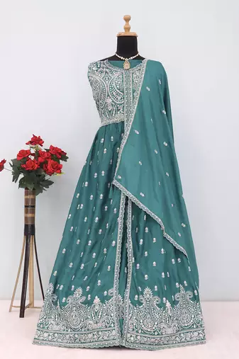 Sea green faux chinon embroidered readymade anarkali suit