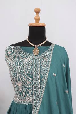 Sea green faux chinon embroidered readymade anarkali suit 2