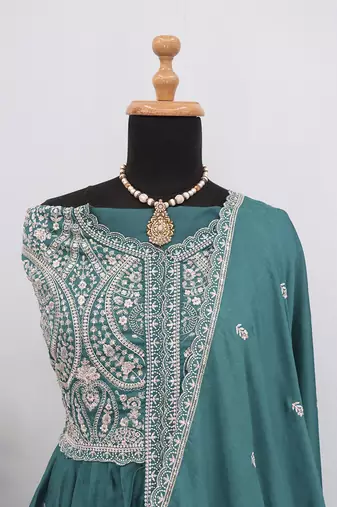 Sea green faux chinon embroidered readymade anarkali suit