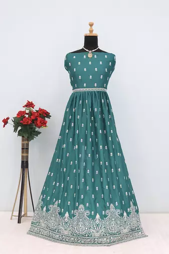 Sea green faux chinon embroidered readymade anarkali suit