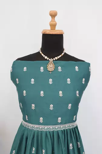 Sea green faux chinon embroidered readymade anarkali suit