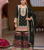 Black faux chinon embroidered readymade sharara suit