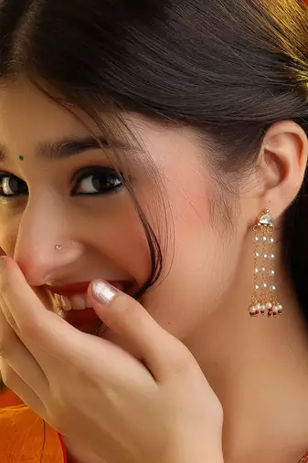 White stones red beaded pearl drop earrings