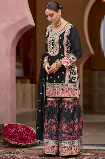 Black faux chinon embroidered readymade sharara suit
