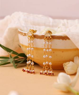 White stones red beaded pearl drop earrings 2