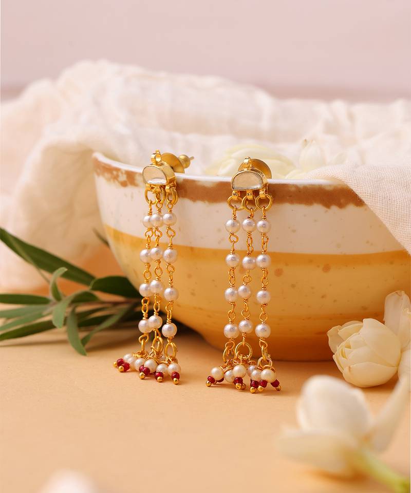 White stones red beaded pearl drop earrings