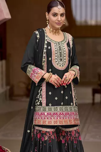 Black faux chinon embroidered readymade sharara suit