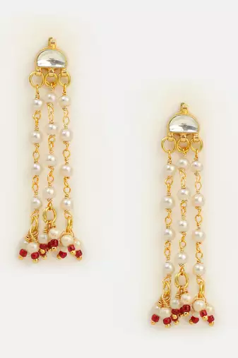 White stones red beaded pearl drop earrings