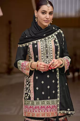 Black faux chinon embroidered readymade sharara suit