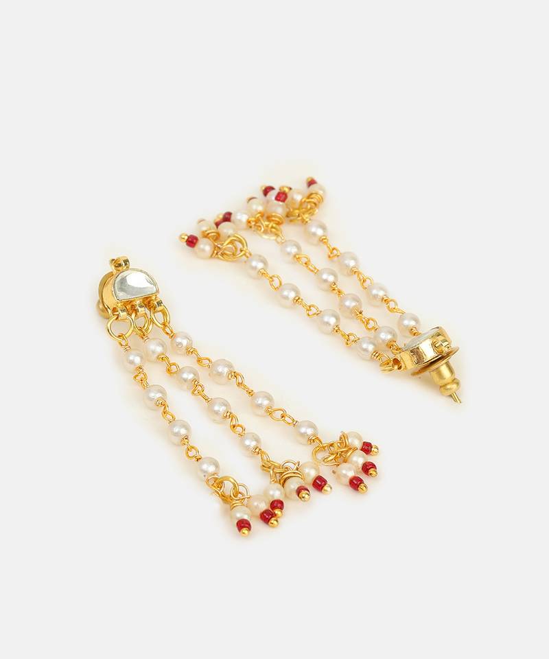 White stones red beaded pearl drop earrings
