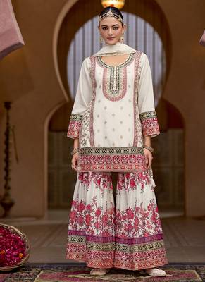 White faux chinon embroidered readymade sharara suit 1