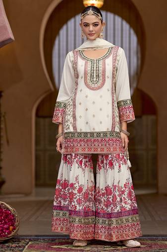 White faux chinon embroidered readymade sharara suit