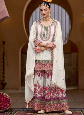 White faux chinon embroidered readymade sharara suit 2