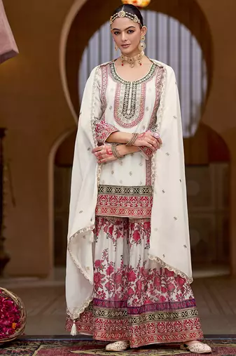 White faux chinon embroidered readymade sharara suit