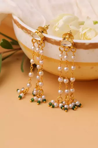 White stones green beaded pearl drop earrings