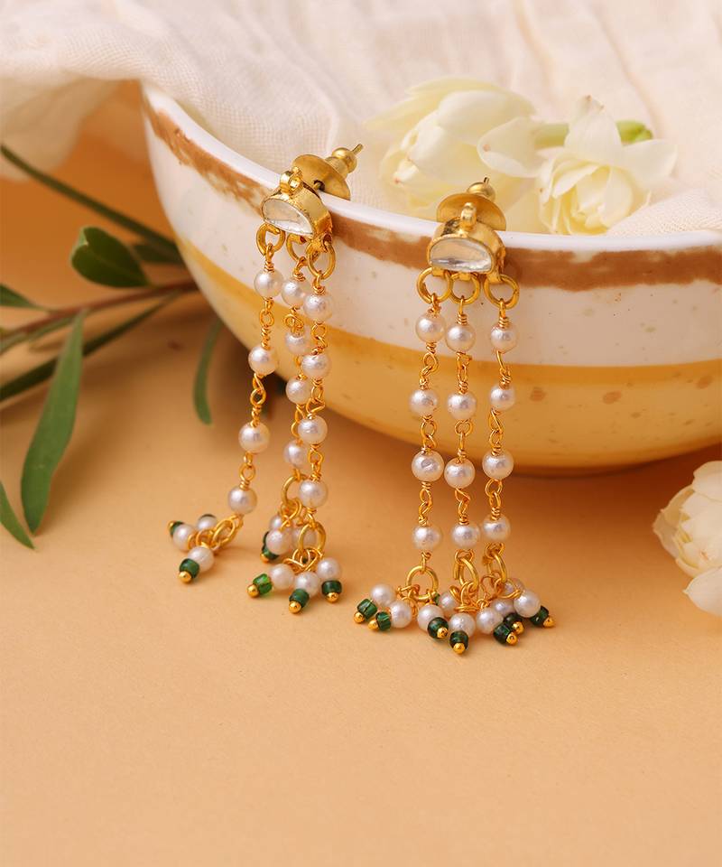 White stones green beaded pearl drop earrings
