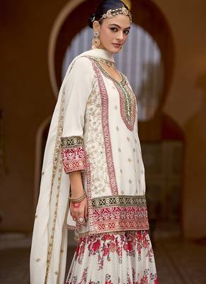 White faux chinon embroidered readymade sharara suit 3