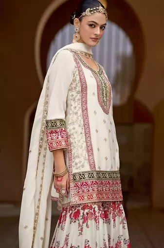 White faux chinon embroidered readymade sharara suit