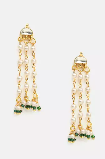 White stones green beaded pearl drop earrings