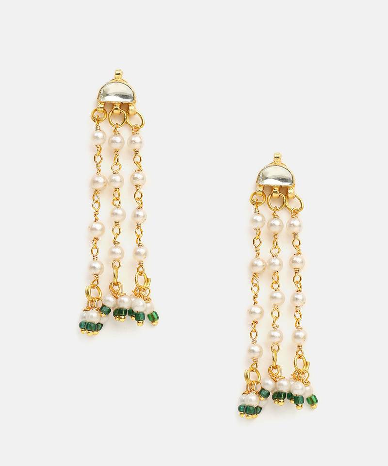 White stones green beaded pearl drop earrings