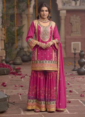 Rani pink faux chinon embroidered readymade sharara suit with dupatta 1