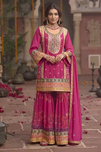 Rani pink faux chinon embroidered readymade sharara suit with dupatta