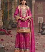 Rani pink faux chinon embroidered readymade sharara suit with dupatta