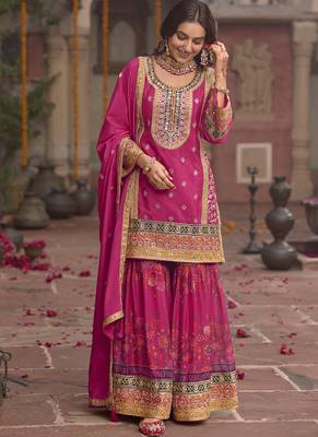 Rani pink faux chinon embroidered readymade sharara suit with dupatta 2