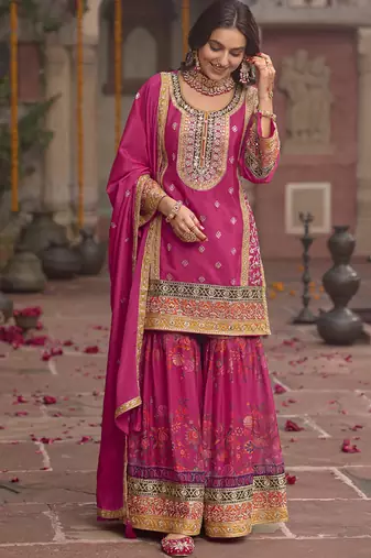 Rani pink faux chinon embroidered readymade sharara suit with dupatta