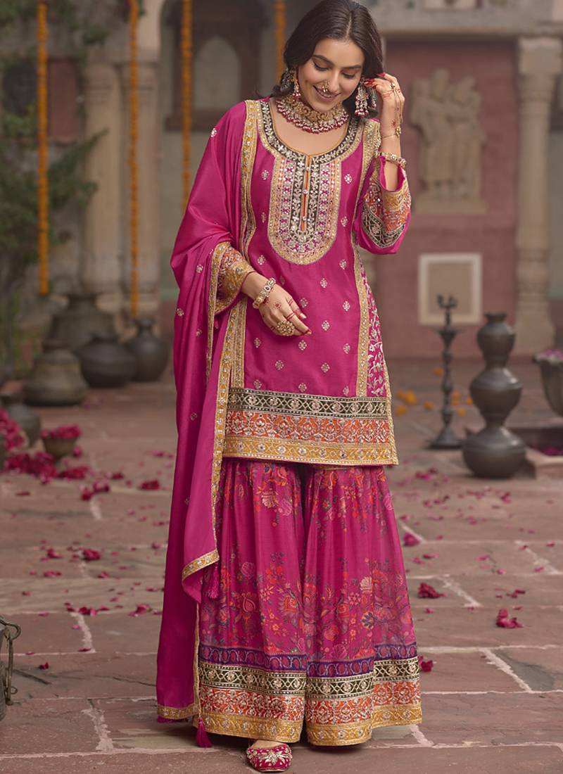 Rani pink faux chinon embroidered readymade sharara suit with dupatta