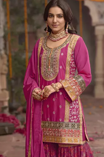 Rani pink faux chinon embroidered readymade sharara suit with dupatta