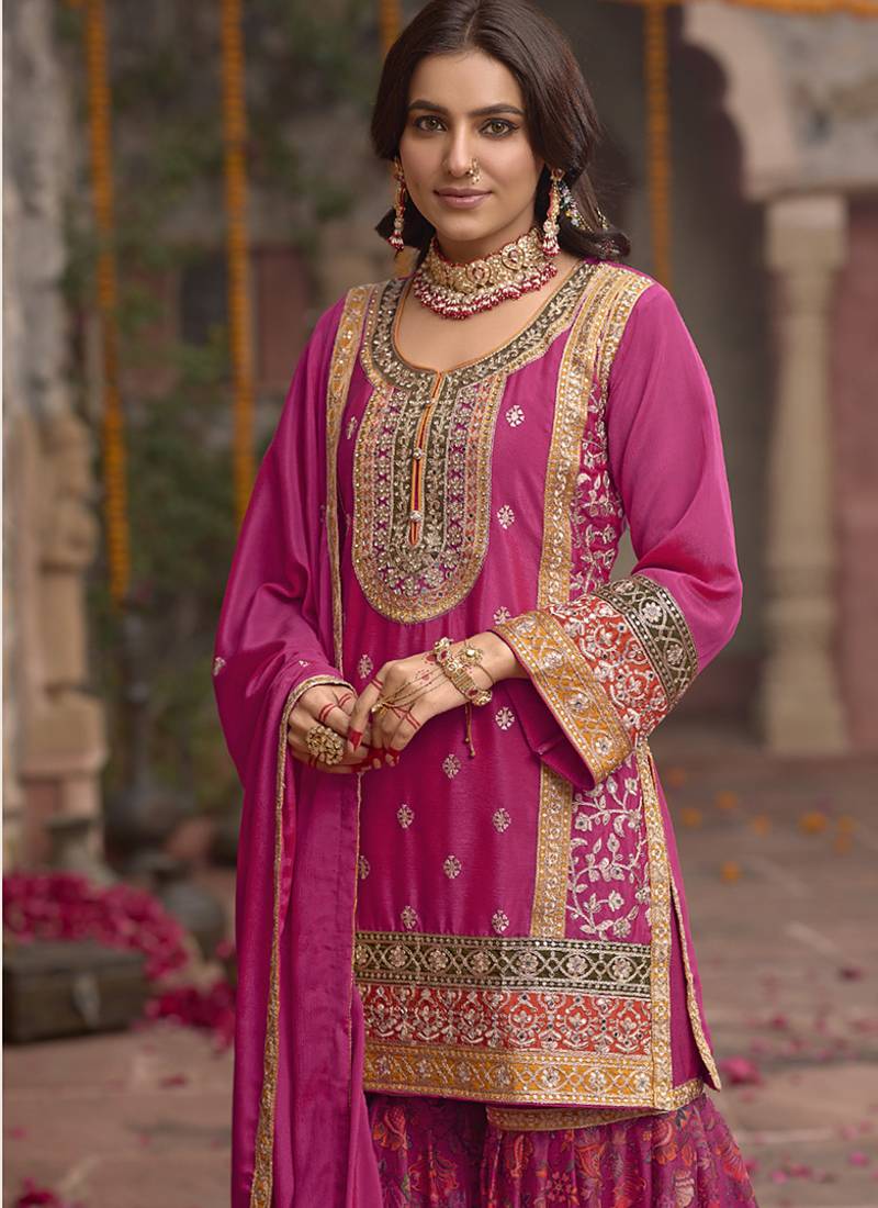 Rani pink faux chinon embroidered readymade sharara suit with dupatta