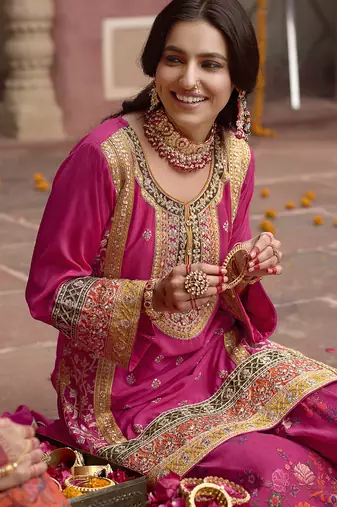 Rani pink faux chinon embroidered readymade sharara suit with dupatta