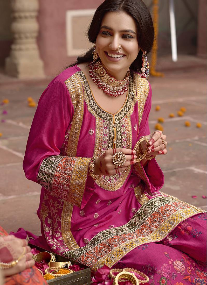 Rani pink faux chinon embroidered readymade sharara suit with dupatta